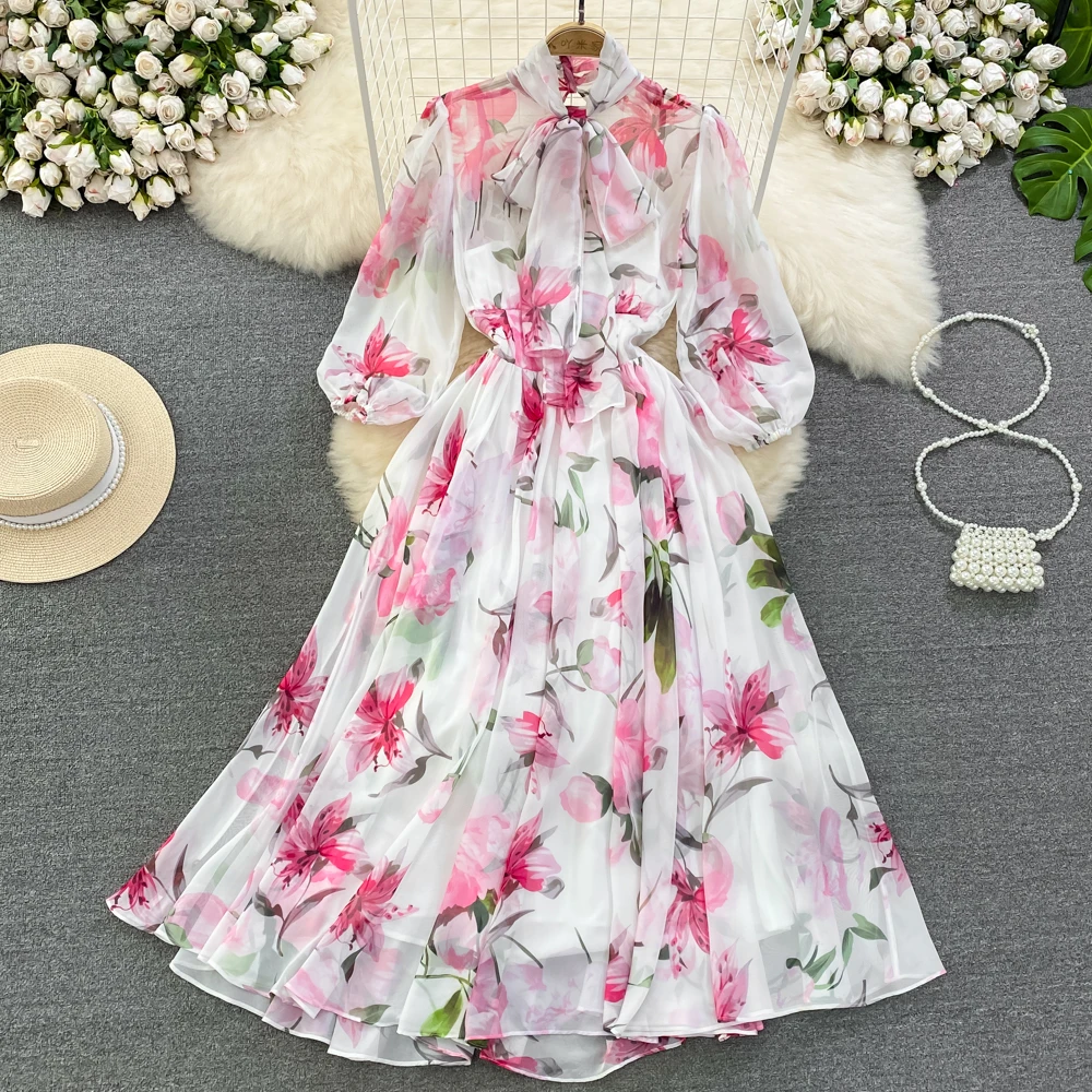

Fashion Temperament Female Chiffon Dress Elegant Bowknot Lace-Up Lantern Long Sleeve Skinny Floral Print A-Line Women Dress