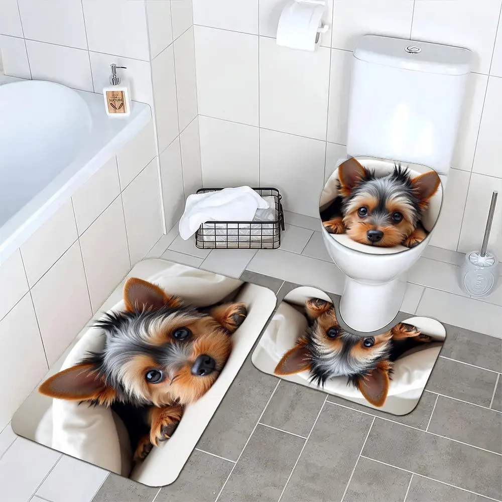 

Набор для ванной комнаты из 3 предметов с милым рисунком йоркширского терьера: нескользящая крышка для унитаза, напольный коврик, U-образный коврик, декор для дома