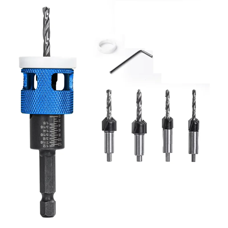 B84B-5Pcs/Set Countersink Drill Bit With Adjustable Depth Stop Low Friction Hole Opener Countersunk Drill Bit Carpentry