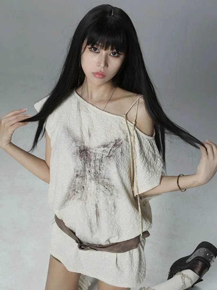 2025Y2k Esthetische Vintage Abrikoos Afdrukken Tees Zomer Streetwear Skew Kraag T-shirts Vrouwen Harajuku Grunge Bandage Losse Tops