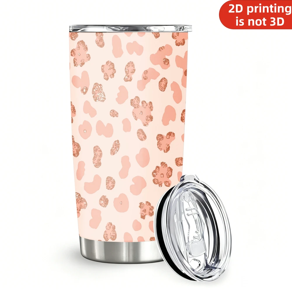 20oz Rose Gold Glitter Leopard Print Stainless Steel Tumbler with Lid and Straw, Soft Blush Pink Sparkle Cheetah Spots Vacuum Insulated Travel Coffee Mug Gifts