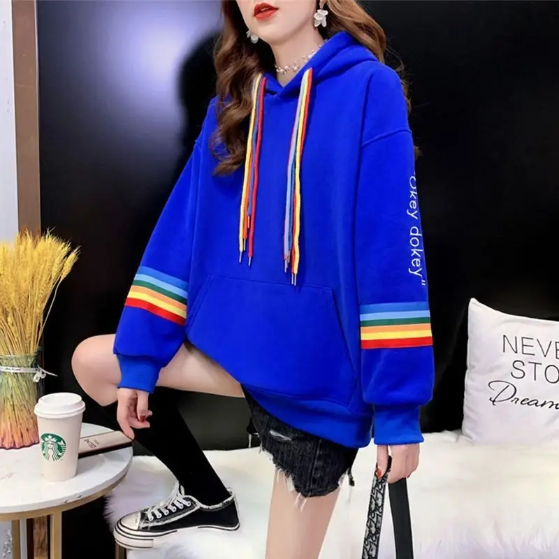 Fashion Printing Letter Pockets Color Lace Up Hooded Female Clothing 2023 Autumn Winter Oversized Korean Tops Casual Sweatshirts