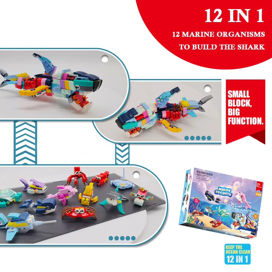

Креативные строительные блоки 12 в 1, 12 океанских животных могут собрать в акулу, идеально подходят для подарка на день рождения и Рождество