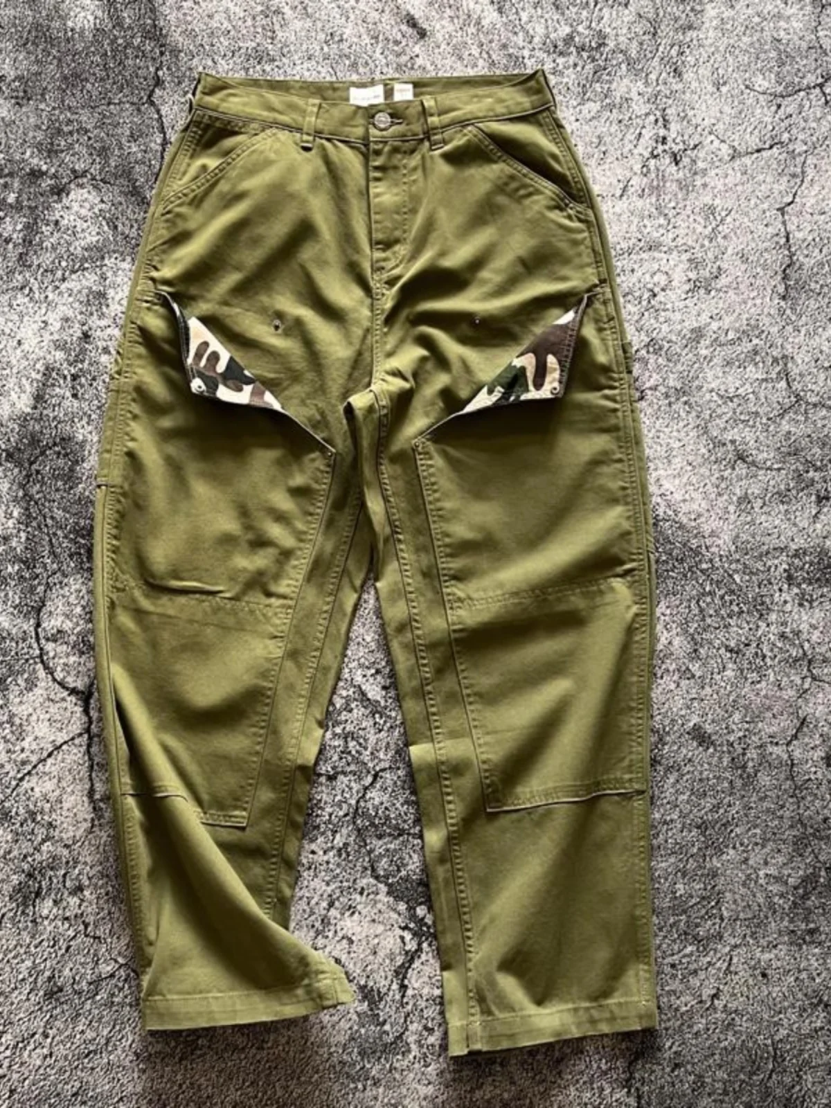 American Retro Double Knee Logging Camouflage Flip Nail Heavyweight 100% Cotton Multi Pockets Workwear Pants Wear-resistant Men