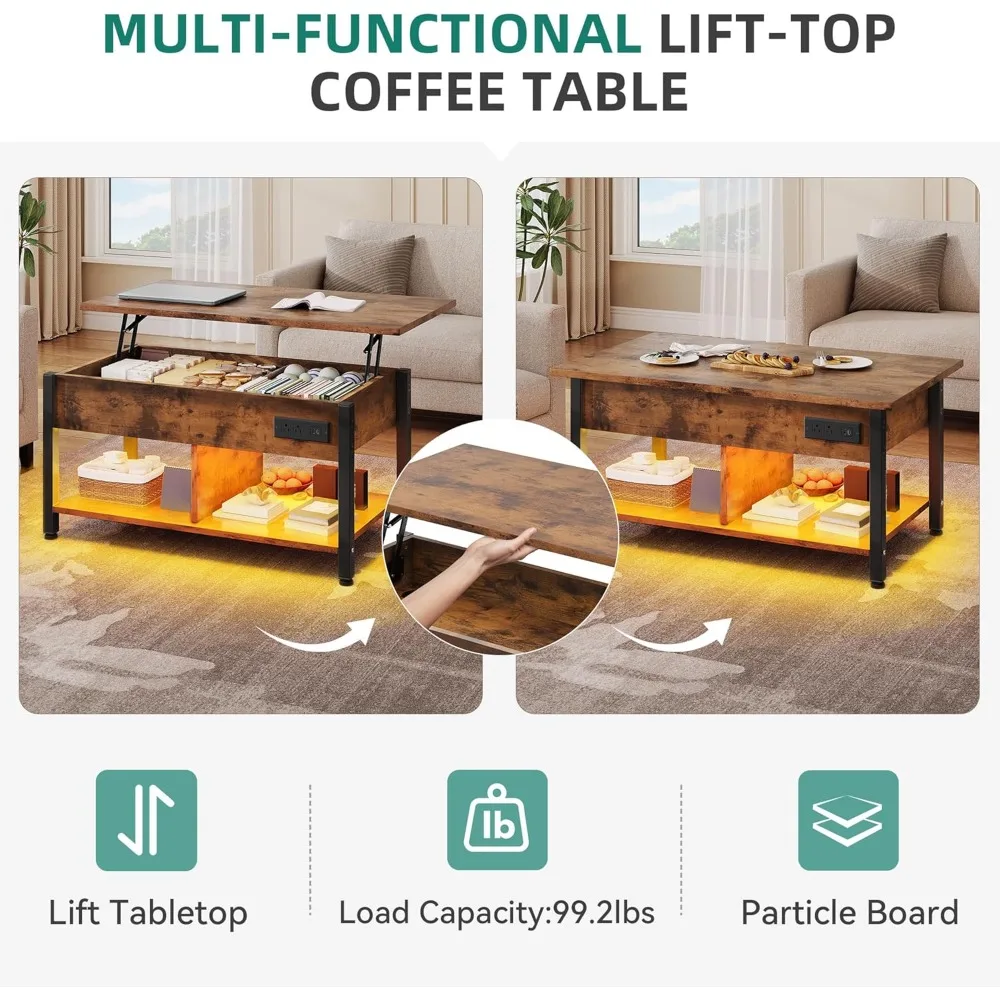 3-in-1 Coffee Table with RGB Lighting, Power Outlets, Storage, and Adjustable Height