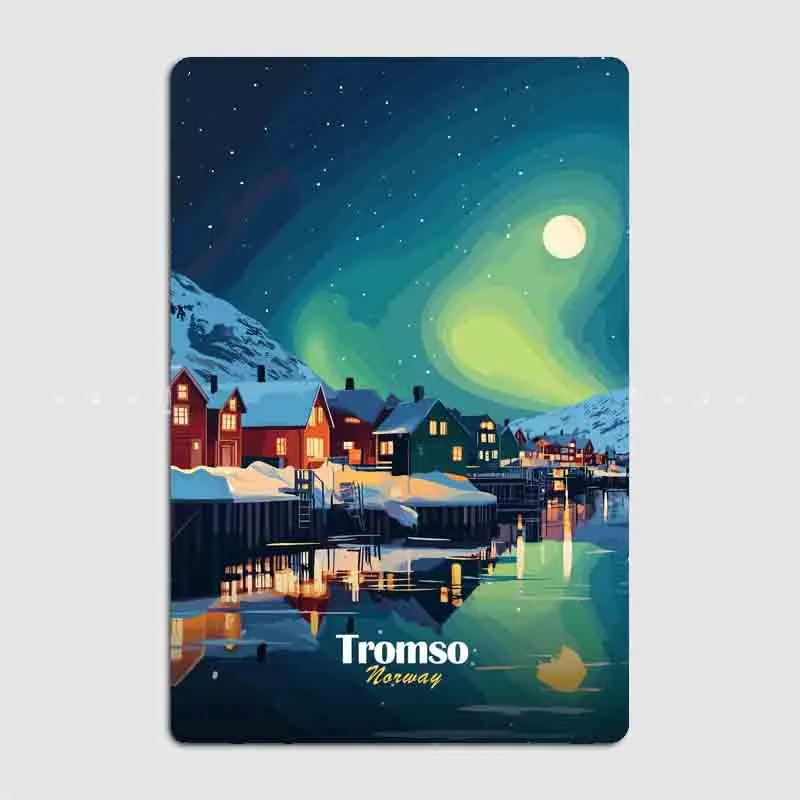 Night Scene Travel Tromso, Norway Night Metal Sign Poster Indoor and Outdoor Room Decor Custom Tin Vintage Home Wall Decor