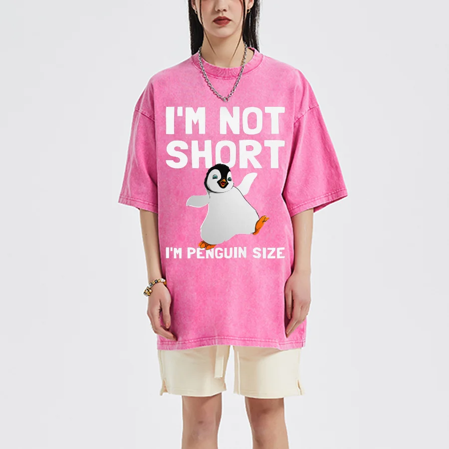 Im Not Short Im Penguin Size T-Shirt Cartoon Animals Graphic Every Day Tops Casual Cotton Short Sleeve Women's Clothing