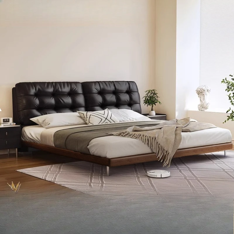 Leather Italian simple black soft bag double bed 1.8 meters beech double wedding bed
