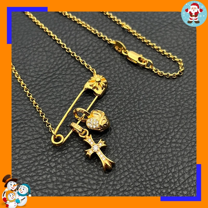 Premium Gold Pin Necklace Diamond Cross Love Pendant American Classic Personality Versatile Men and Women Couples