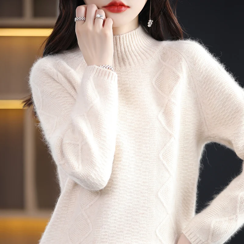 100% Pure Mink Cashmere Women's Sweater Slim Knitting Mink Cashmere Half High Collar Long Sleeve Women's Pullover Sweate Top