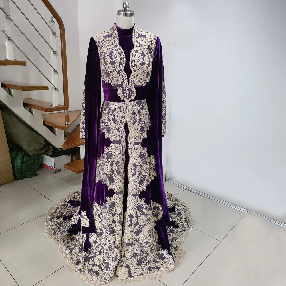 Purple Muslim Evening Dresses Lace Appliques High Neck Long Sleeve Kafan Formal Gown Plus Size Arabic Dubai Vestidos De Novia