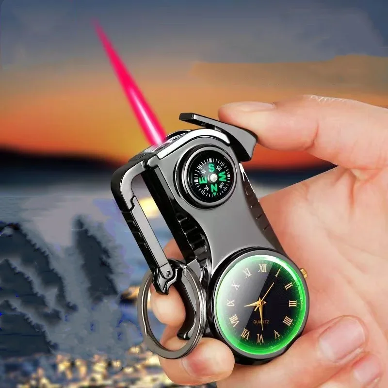 

Outdoor Compass Keychain Inflatable Windproof Lighter Multi-function Watch Bottle Opener Red Flame Butane Lighters Survival Tool