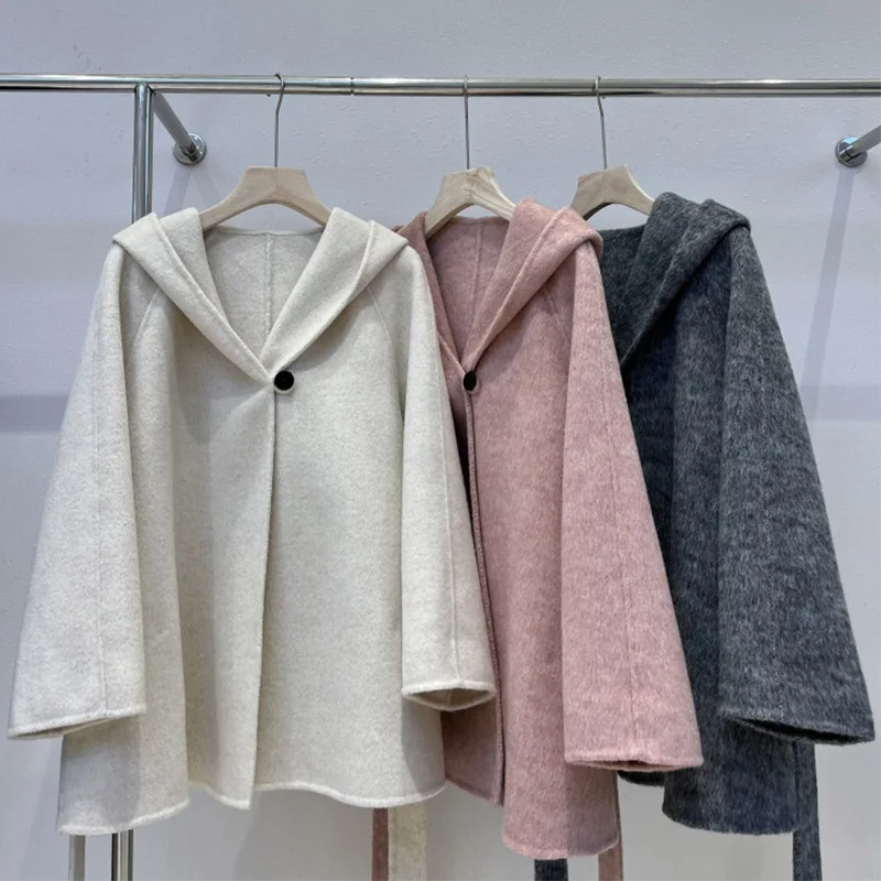 

Casual Bathrobe Style Overcoat Temperament Hooded Commuter Double-sided Wool Coat Women Fashion Warm Belt Loose Jacket Winter