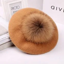 Gorros de boina suaves de lana para niños, gorros informales de piel de poliéster con pompón, moda de invierno, 2021