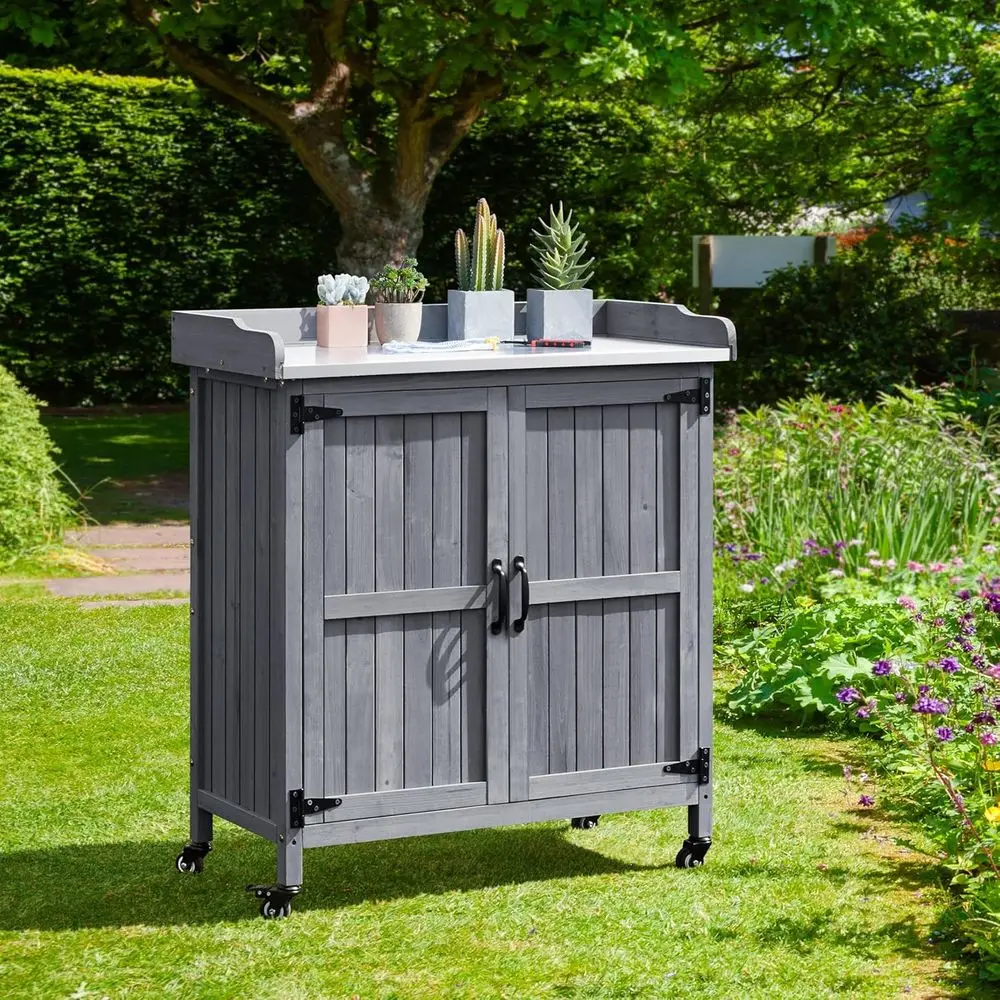 Outdoor Storage Cabinet Potting Bench Table Garden Storage, Gray | Potting bench features galvanized metal tabletop resists dirt