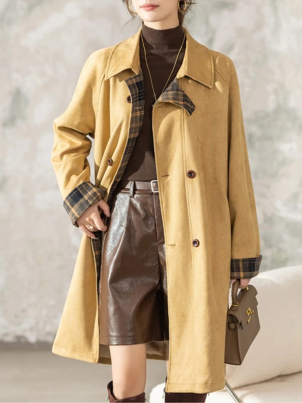 

High-End Women's Autumn Winter Plaid Color Blo Design Retro Windbreaker Coat Korean Sle Loose Fit Long Sve Collar