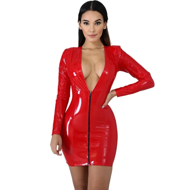 Hot Sexy Faux Leather Dress Lingerie Bodysuit Overized Sexy Dresses for Night Sex Exotic Vestidos Breast Exposing Latex Catsuit