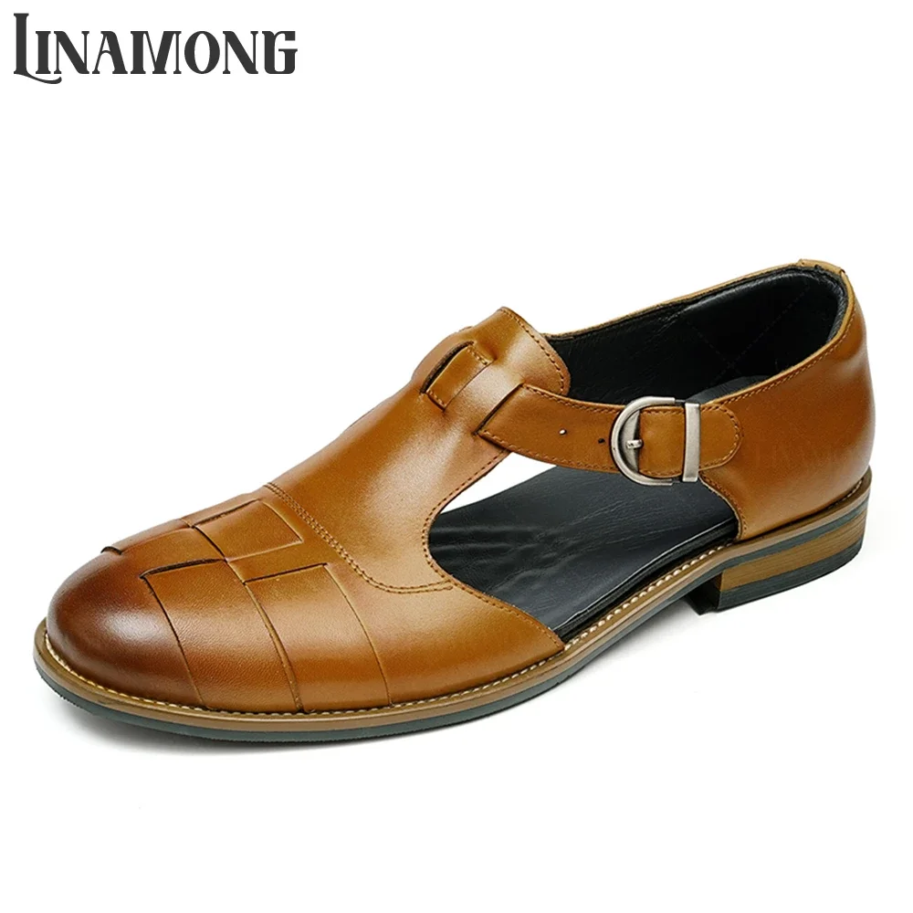 

Genuine Leather Sandals for Men Closed Toe Side Hollow Buckle Leather Shoes for Summer Brown White Cowhide Business Dress Shoes