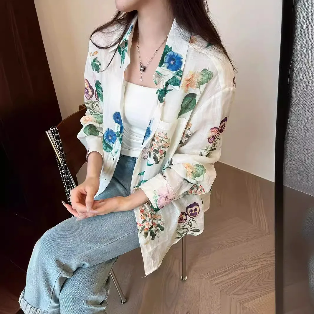 Camisa floral vintage francesa para mujer, top fino de manga larga con protector solar, estilo occidental, para personas mayores, primavera y verano, 2024