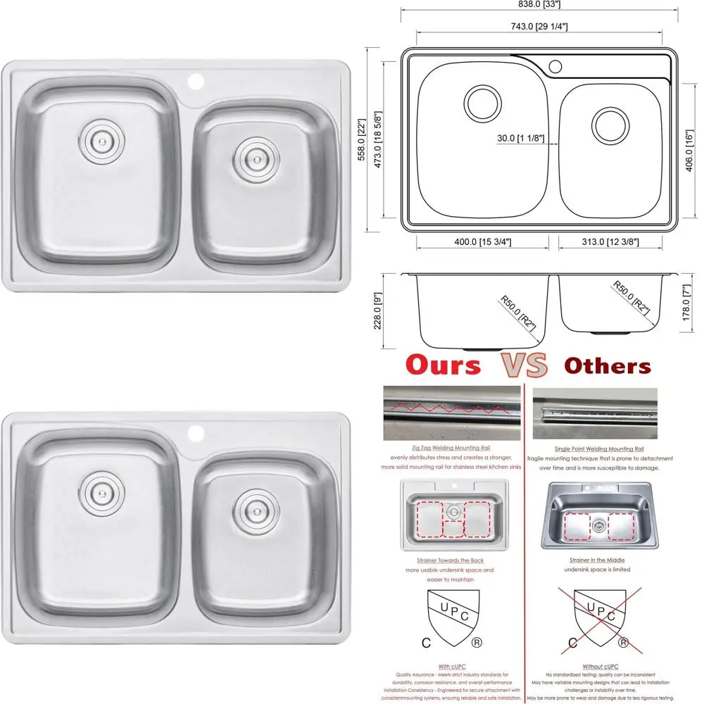 

33-дюймовая кухонная мойка из нержавеющей стали с двумя отсеками (60/40), встраиваемая, с одним отверстием для смесителя