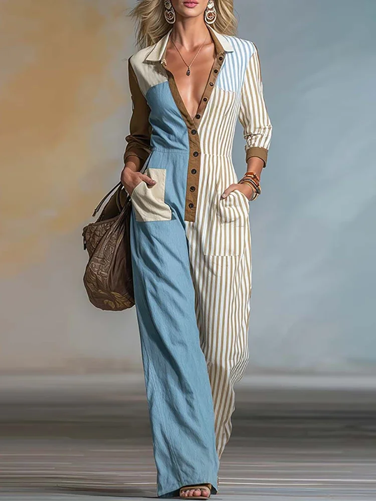 Chic Unique Single Breaste Wide Leg Jumpsuit Trendy Lapel Long Sleeved Pocket Romper Casual Stripe Contrasting Splice Office Pla