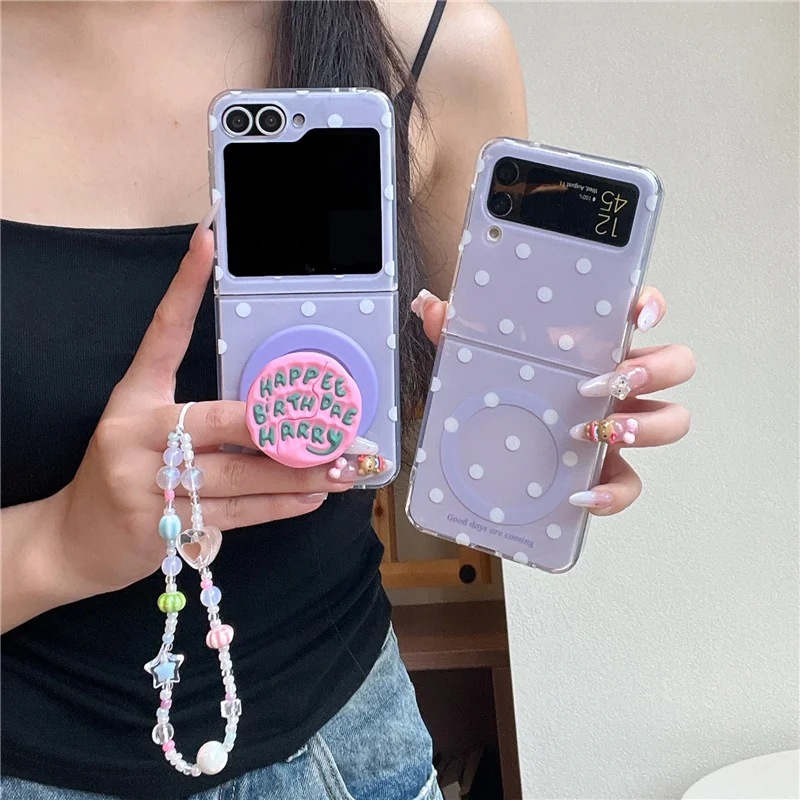 

Korean Purple Polka Dot Magnetic Phone Case For Samsung Galaxy Z Flip 7 6 5 4 3 Flip6 Flip7 Cover with Magsafe Stand Chain Cases