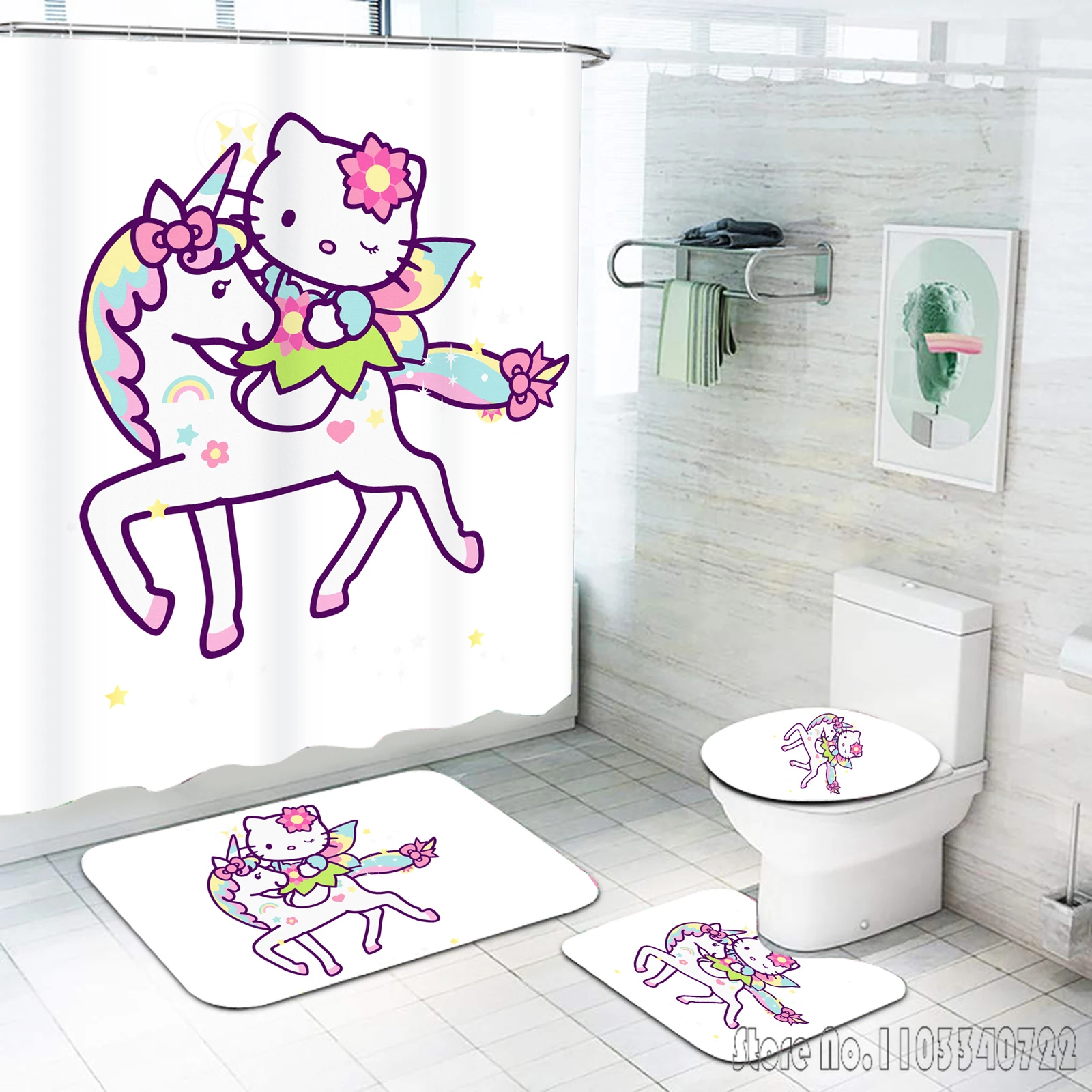 Cute Hello Kitty Anime Bath Shower Curtain Set 4pcs with Hooks Waterproof Bathroom Toilet Mat Lid Decor