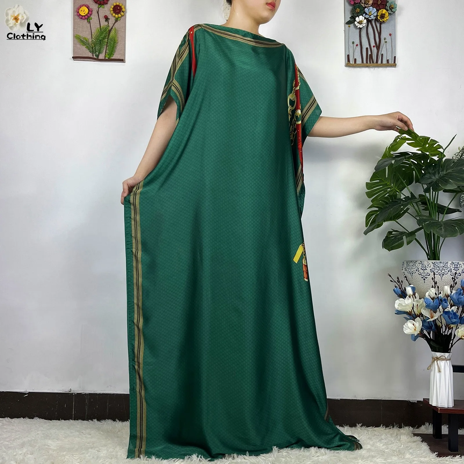 2023 New African Fashion Short Sleeve Colored Pattern Dubai Women Summer Real Silk Soft Printing Loose Tradition Muslim Dress