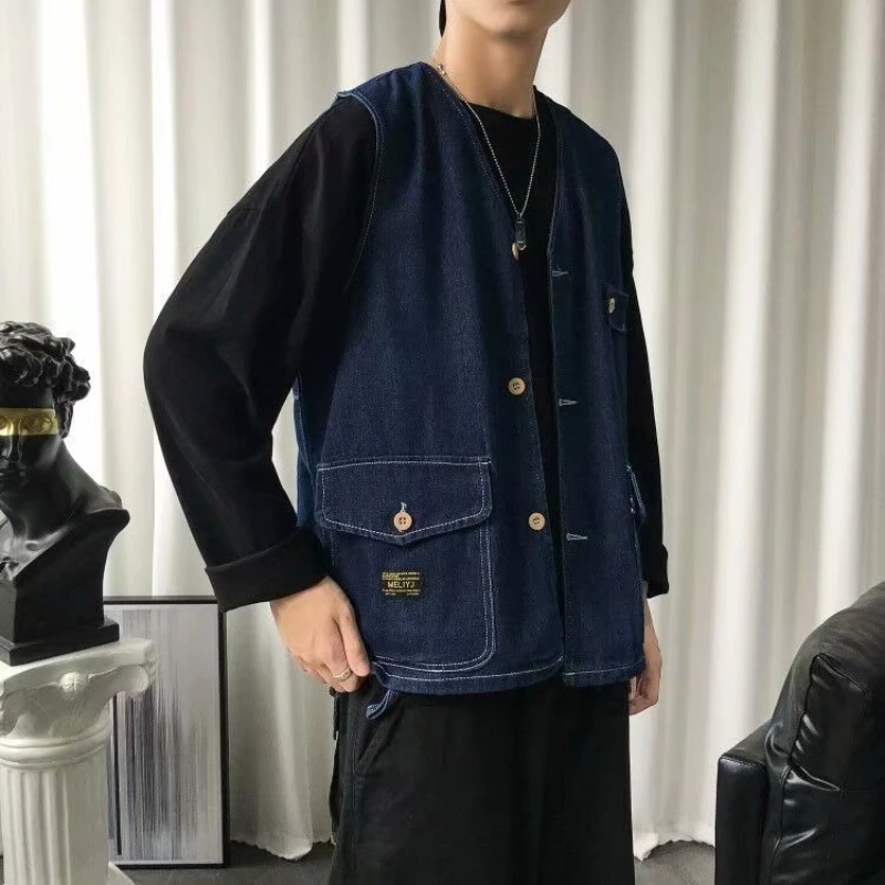 Men's Korean Denim Vest Loose Fit Sleeveless Student Workwear Vest Spring Autumn Trendy Jacket