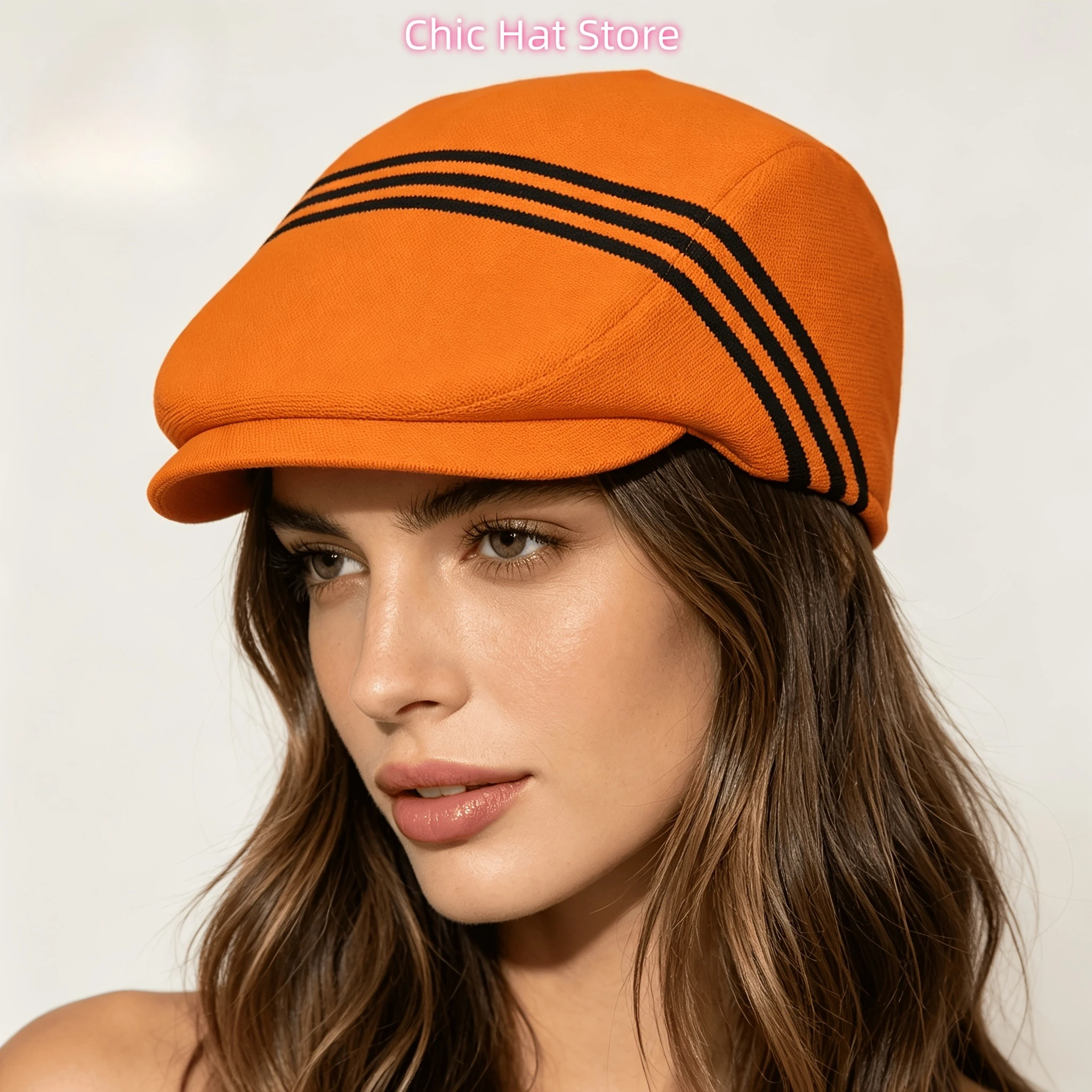 Orange Black Zigzag Pattern All-Over Print Flat-Top Hats for Men And Women, Newsboy Caps, Berets, Irish Hats, Driver Caps, Retro