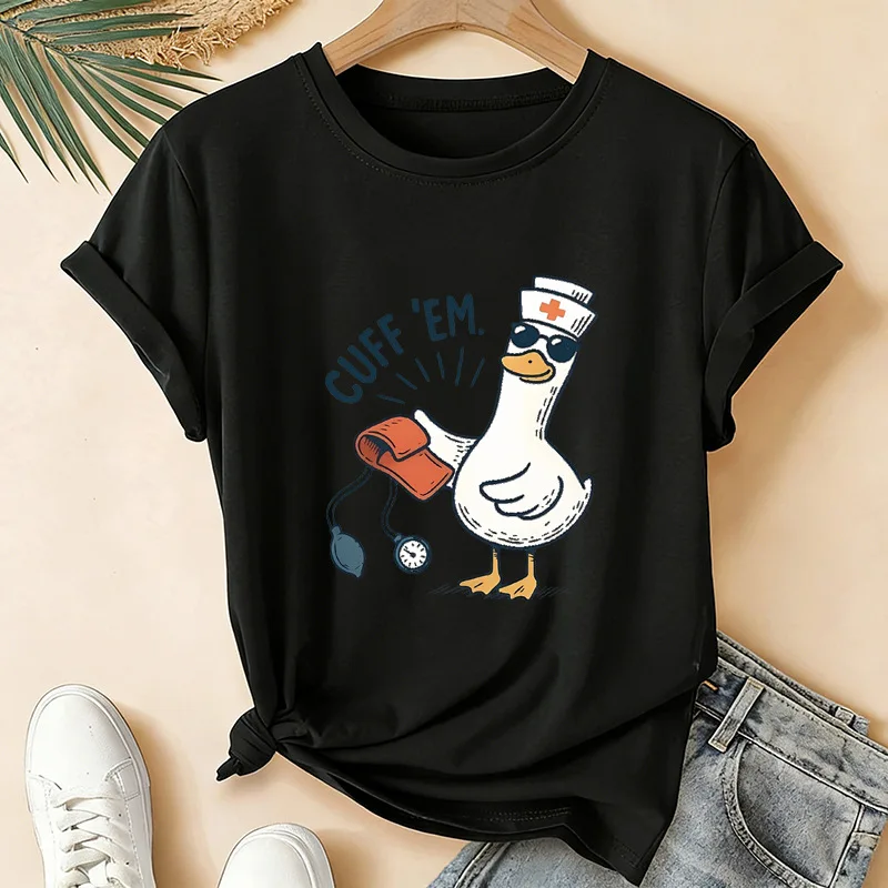 Cute Nurse Duck Cuff Em Medical Stethoscope Quote Art Print Graphic Womens T Shirt Short Sleeve Crew Neck Casual Ladies Tee Tops