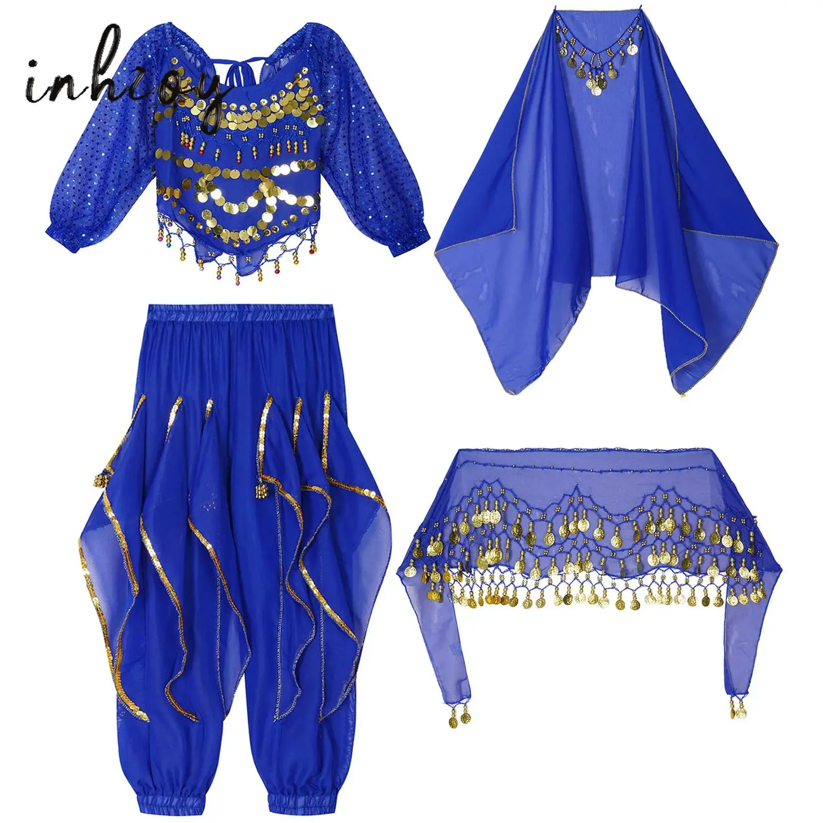 

Children's Indian Dance Performance Costumes Kids Girls Sequins Tassel Ethnic Dance Costumes Belly Danceing Clothes 4pcs Sets