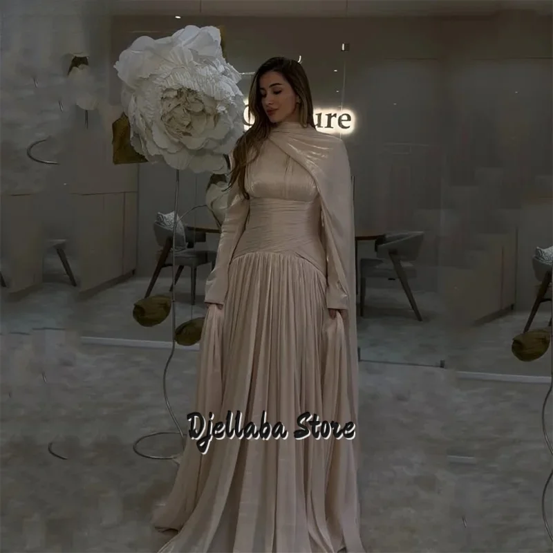 

Champagne Shiny Evening Dress High Neck Full Sleeves Formal Occasion Elegant Pleat Arabic Prom Gowns Customized