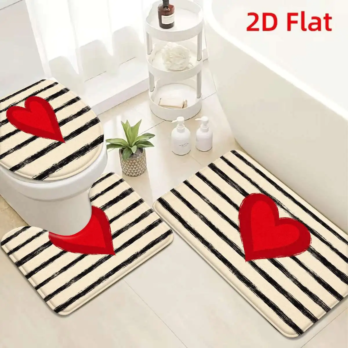 3Pcs Cream Black Stripe Red Heart Bath Mat Non Slip Absorbent Toilet Rug with Lid Cover for Bathroom Washable Flannel