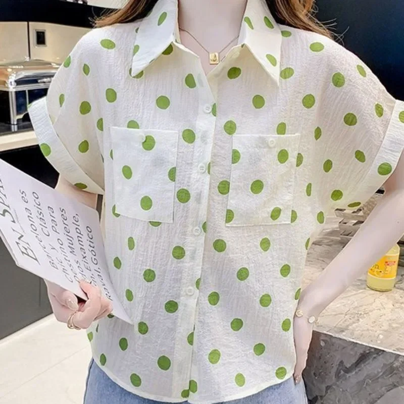 Korean Fashion Summer Women's Collar Polka Dot Pockets Simplicity Versatile Single Breasted Short Sleeve Chiffon Shirt Tops