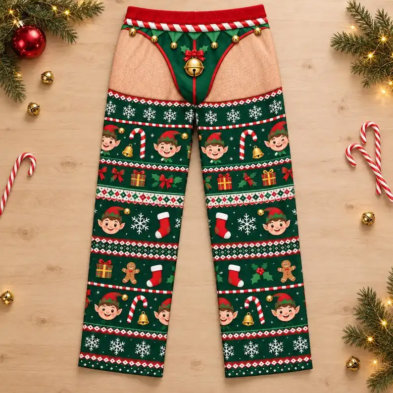 Funny Christmas Couple Pajama Pants Elf Snowflake Candy Cane Print Fake Butt Jingle My Bells Design Loose Trousers Xmas Party