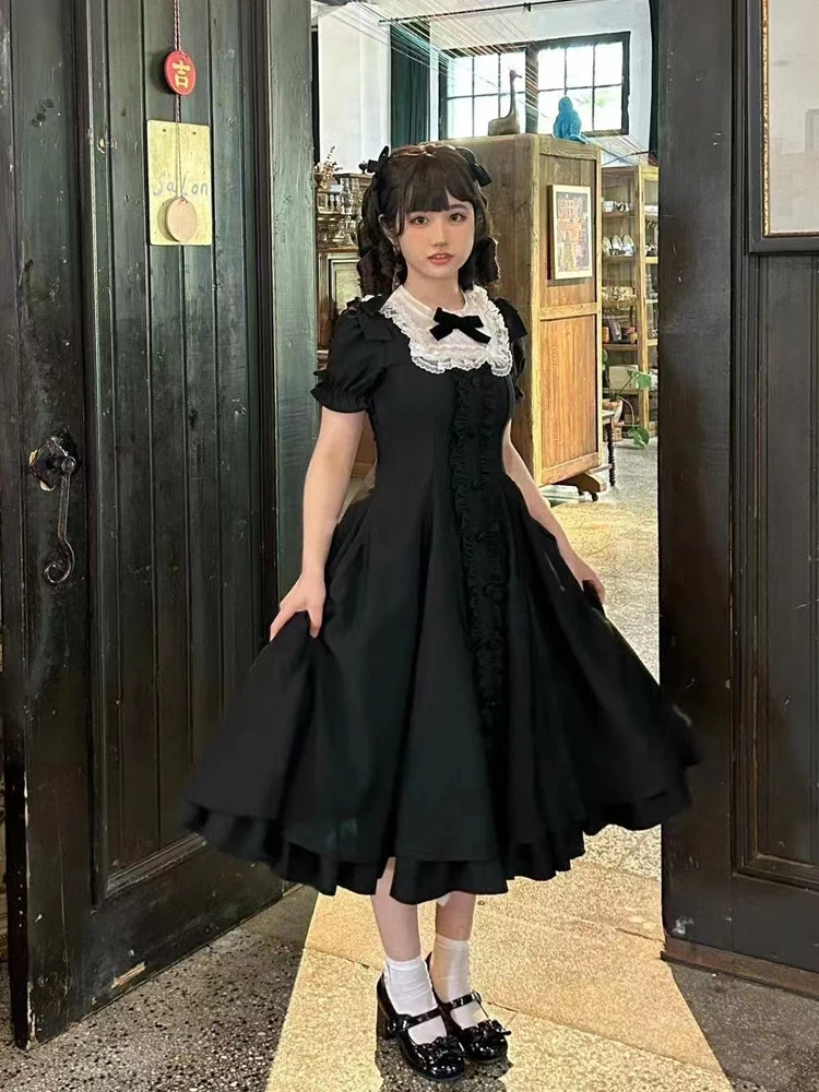 Retro classico Lolita OP colletto con cuciture in pizzo svasato volant corto monopetto vita alta sottile a-line dolce abito lungo da donna