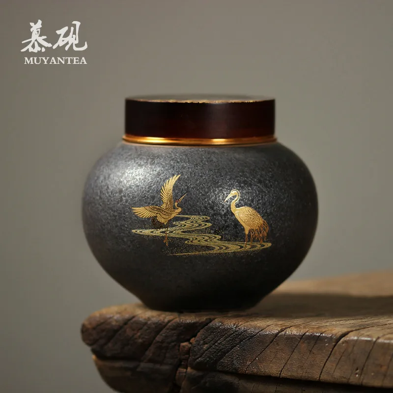 Mutao Ceramic Hand-Painted Golden Crane Kiln-Fired Temmoku Container, Creative Alloy Sealed Canister, Kung Fu Tea Set