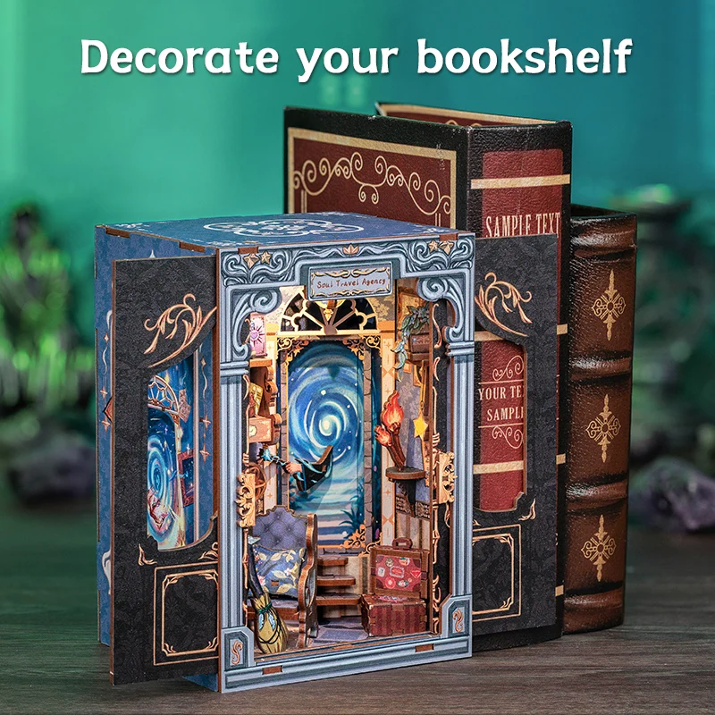 CUTEBEE Booknook DIY Miniature House with Light Wooden Bookshelf Insert Soul Travel Agency Book Nook Decor for Gifts 3D Puzzle