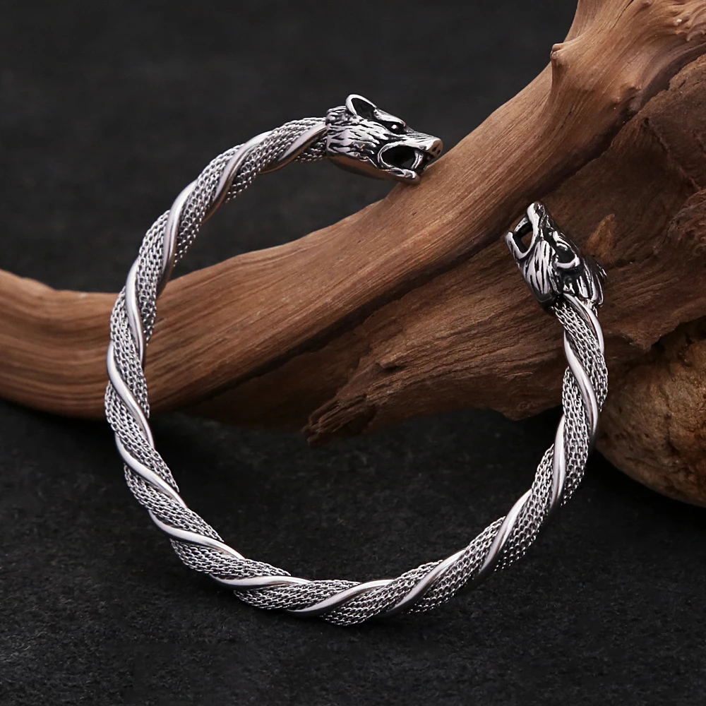 Vintage Viking Wolf Head Bracelet for Men Boy Punk Hip Hop Stainless Steel Animal Open Bracelets Fashion Jewelry Gift Wholesale