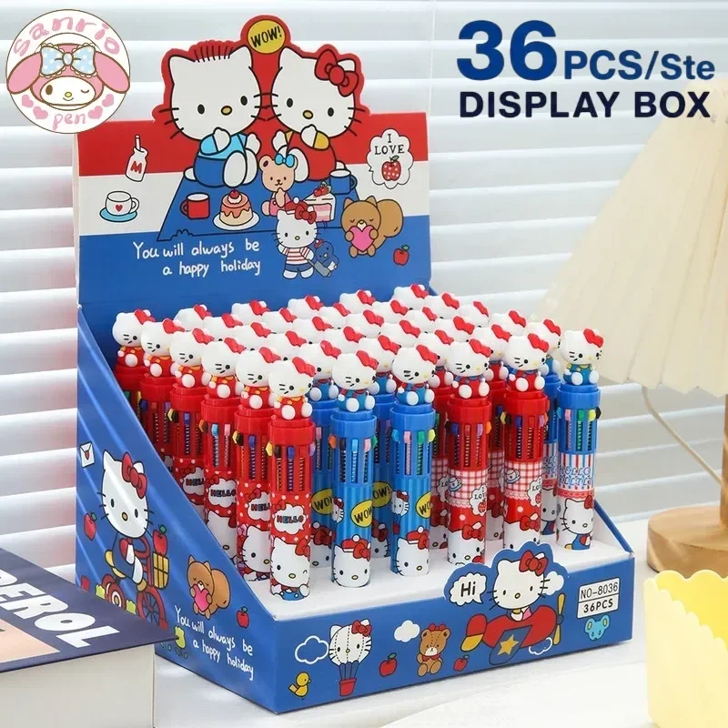 36pc 10 Color Ballpoint Pen Set Multi-Color Hello Kt Cat Cartoon Mark Painting Hand-Held Ballpoint Pen Writing Stationery Office