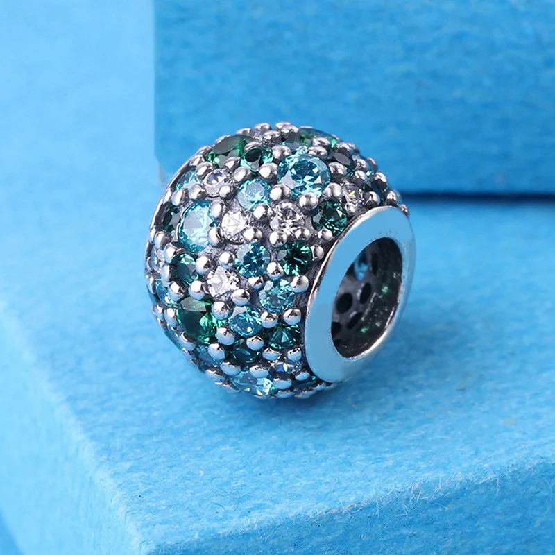 925 Sterling Silver Green Ocean Mosaic Pavé Ball anything is possible Pendant DIY fine beads Fit Original Pendant Charm Bracelet