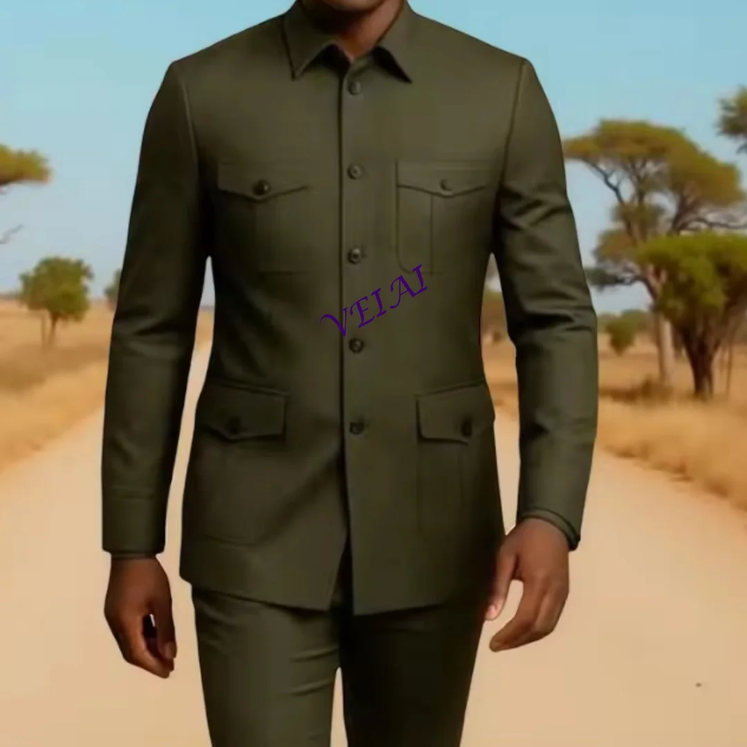 

CustomizedSafari Casual Men Suits with Pockets Stand Collor Chinese Fashion Style Slim Fit Wedding Suit Custom Made 2 Pieces Jac