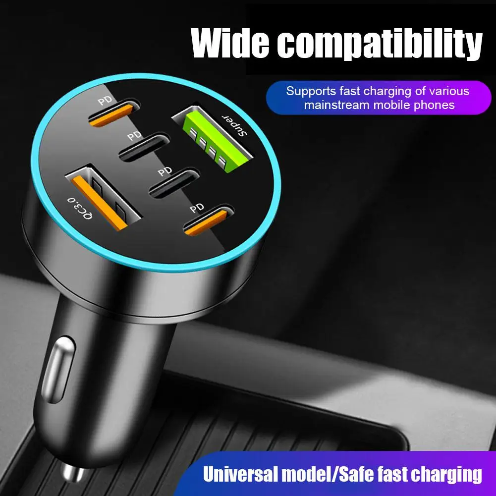 66W PD Car Charger QC3.0 Fast Charge One to Six Car Cigarette Lighter Plug 5 Port Car Charger Flash Charge with Digital Display