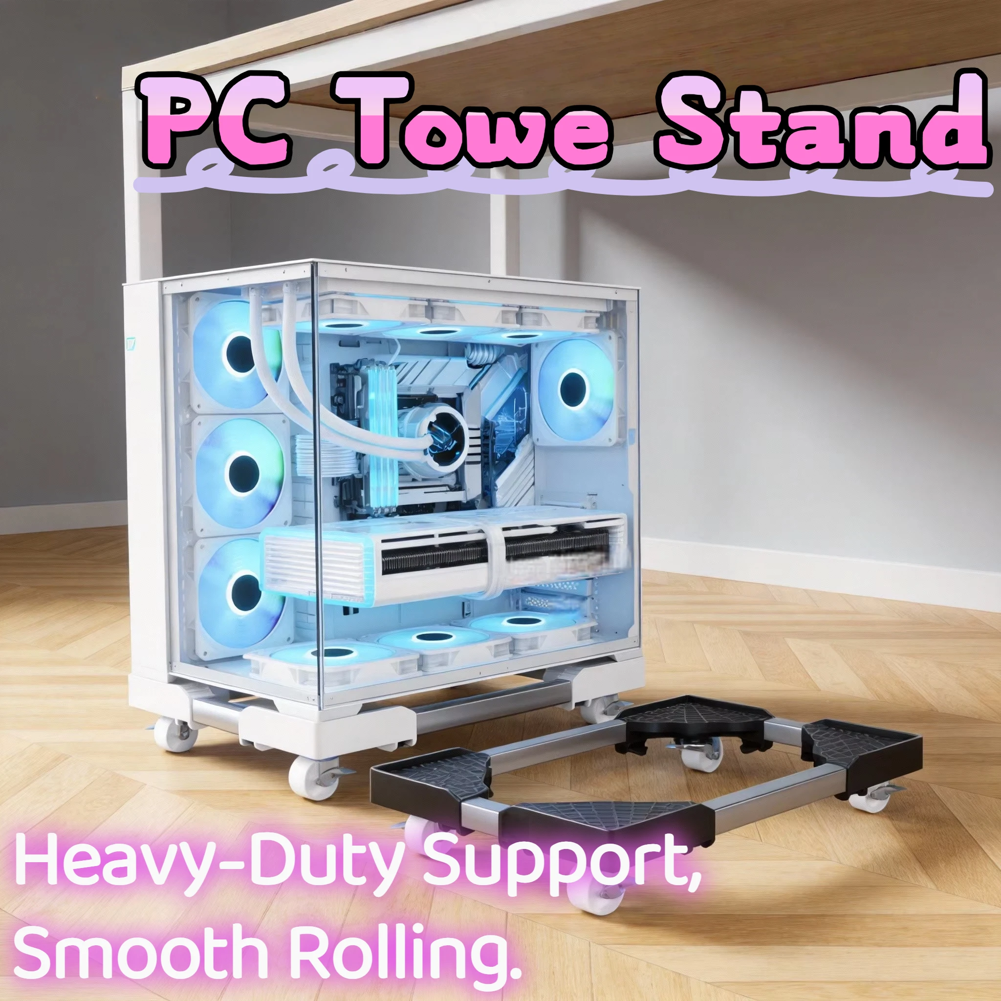 Plastic Rolling PC Tower Stand with Lockable Wheels, Adjustable CPU Holder Mobile Computer Stand for Office Home, Black White