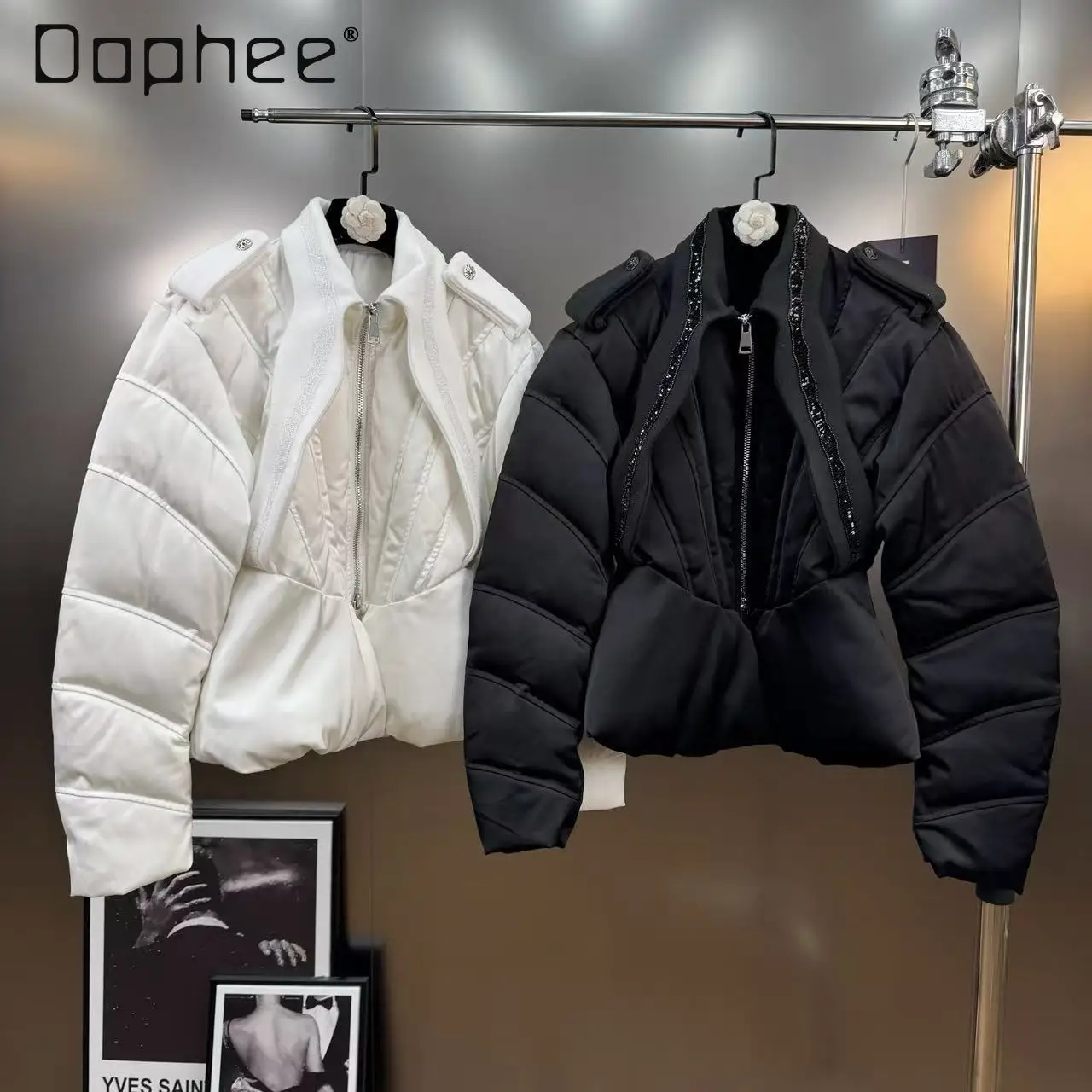 

Winter Korean Chic Trendy Elegant Beaded Woolen Patchwork Turn-down Collar Slim Short 90 Down Jacket Thicken Cotton Coat Women