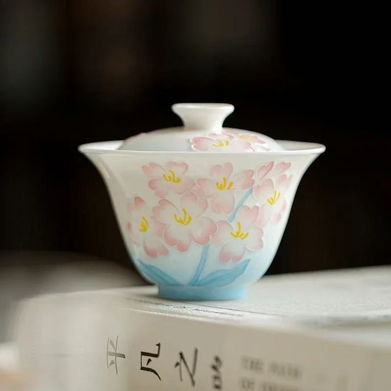 120ML Jade Mud Water Hibiscus Hand-painted Thin Tire Ceramic Cover Bowl Kung Fu TeaSet Household Tea Bowl Cover Bowl Collection
