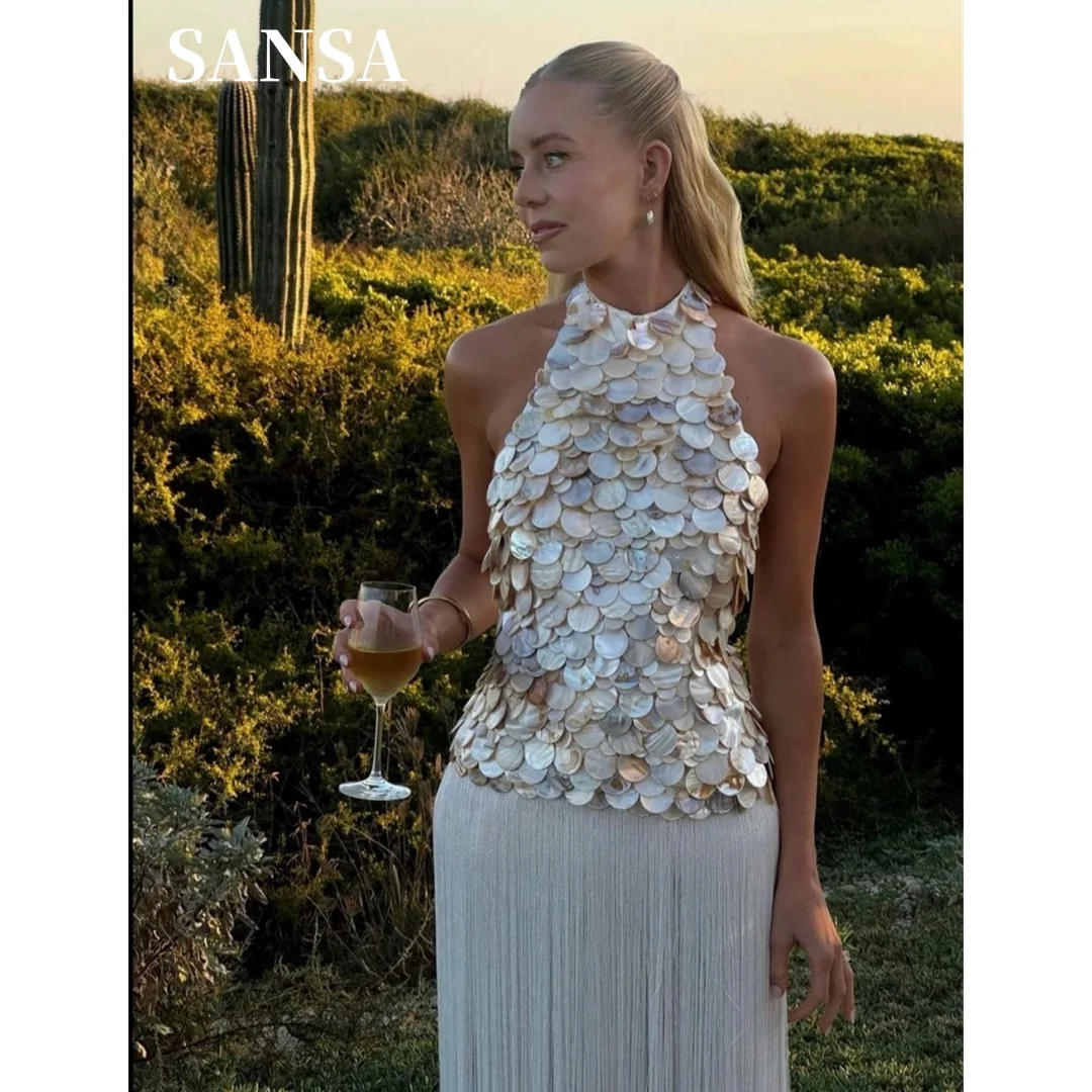Sansa Customized Ivory Prom Dresses Luxury Halter Open Back Shell Sequin Fringe Mermaid Vestidos De Noche Floor-Length Formal Ev