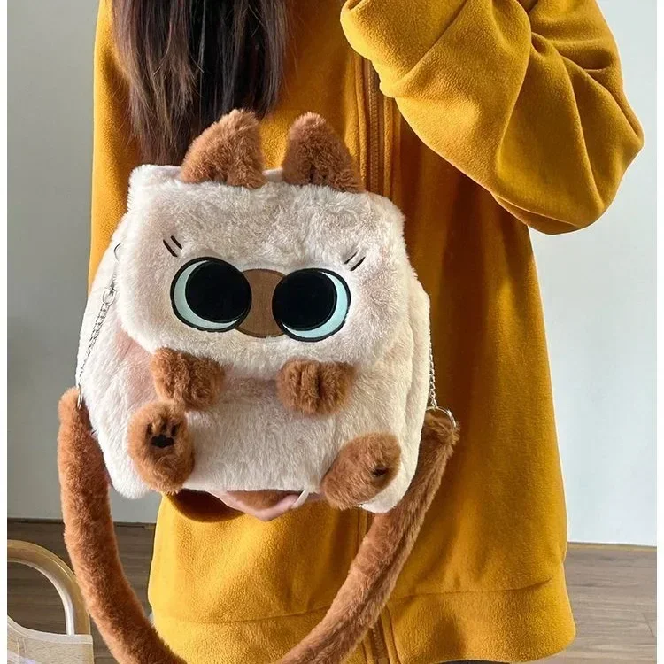 

Plush Cartoon Cat Doll Backpack Simplicity Large Capacity Campus Bag Commuting Flip Cover Diagonal Span Bag Soft Shopping Bag