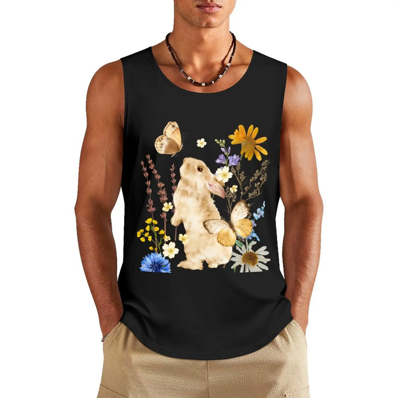 

Pretty Rabbit With Colorful Flowers Wildlife Design Tank Top man vest summer clothes for men bodybuilding t-shirt